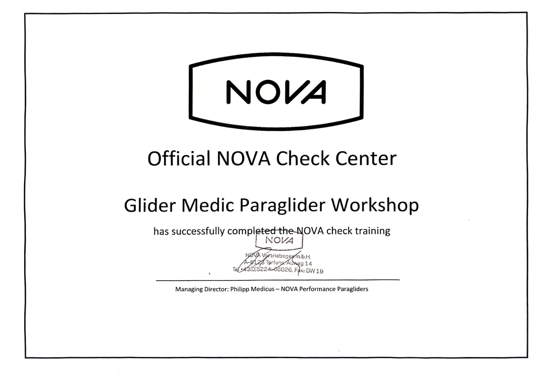 Hivatalos NOVA Check Center tanúsítvány a Glider Medic Paraglider Workshop számára.